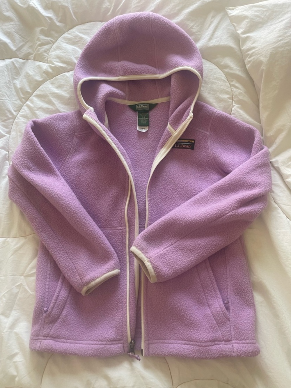 L.L. Bean Girls' Lavender Hooded Fleece Jacket with Cream Trim